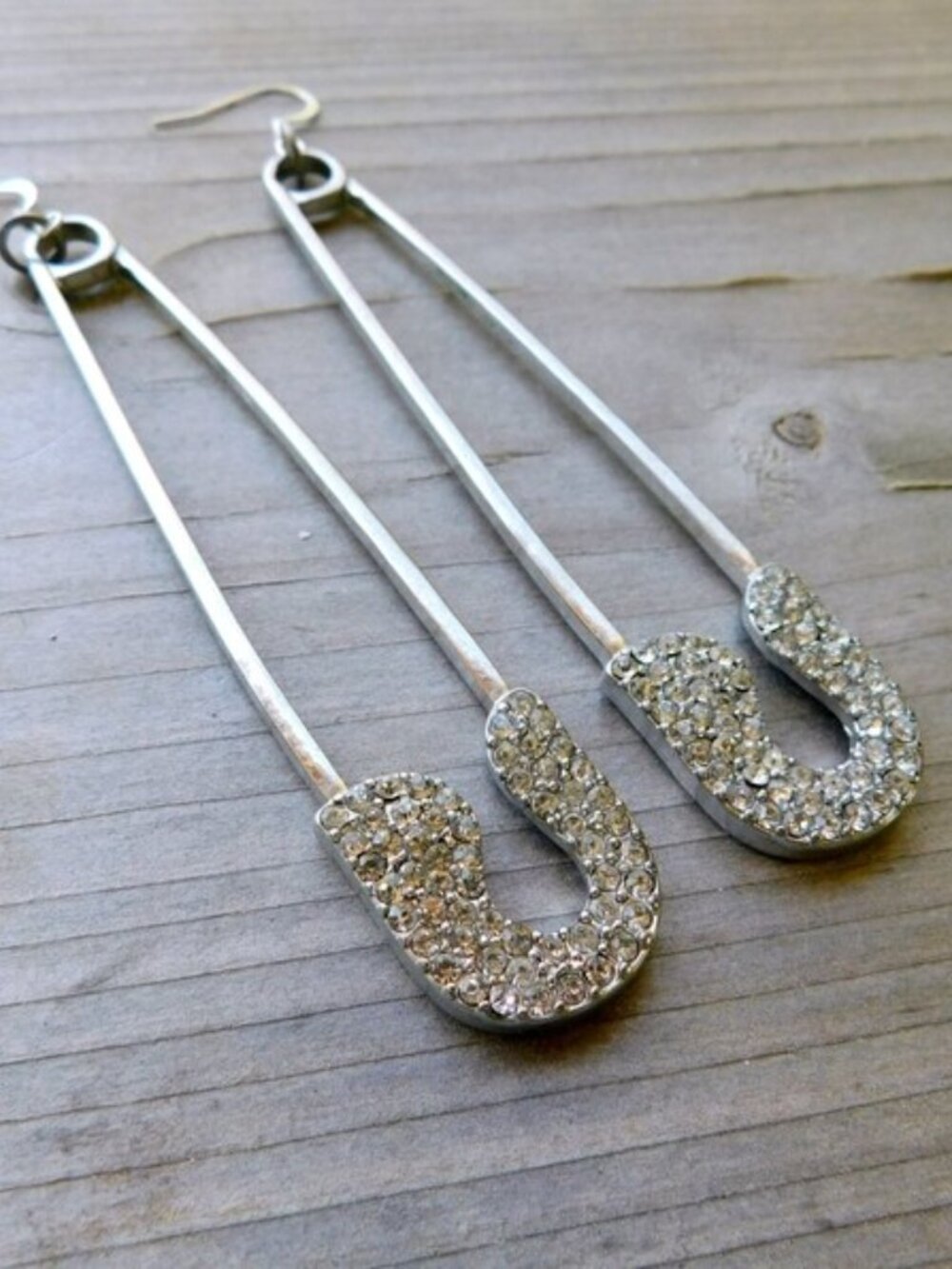 Vintage Upcycled OOAK Large Safety Pin Rhinestone Earrings